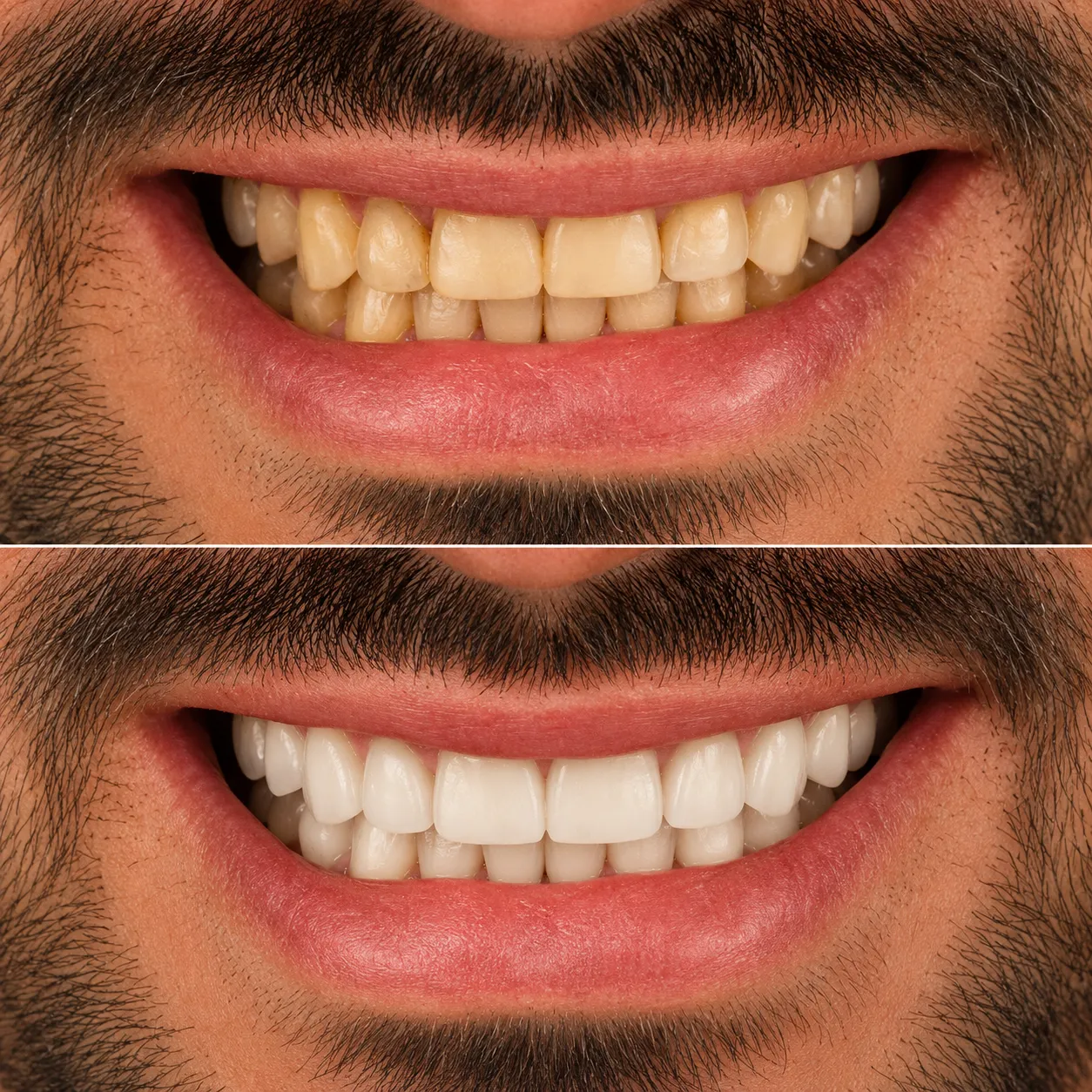 Before and after: yellowed teeth brightened several shades with professional whitening