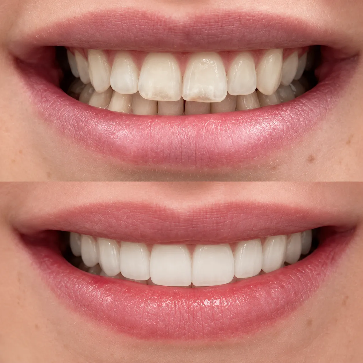 Before and after: uneven, damaged teeth rebuilt into a natural-looking smile