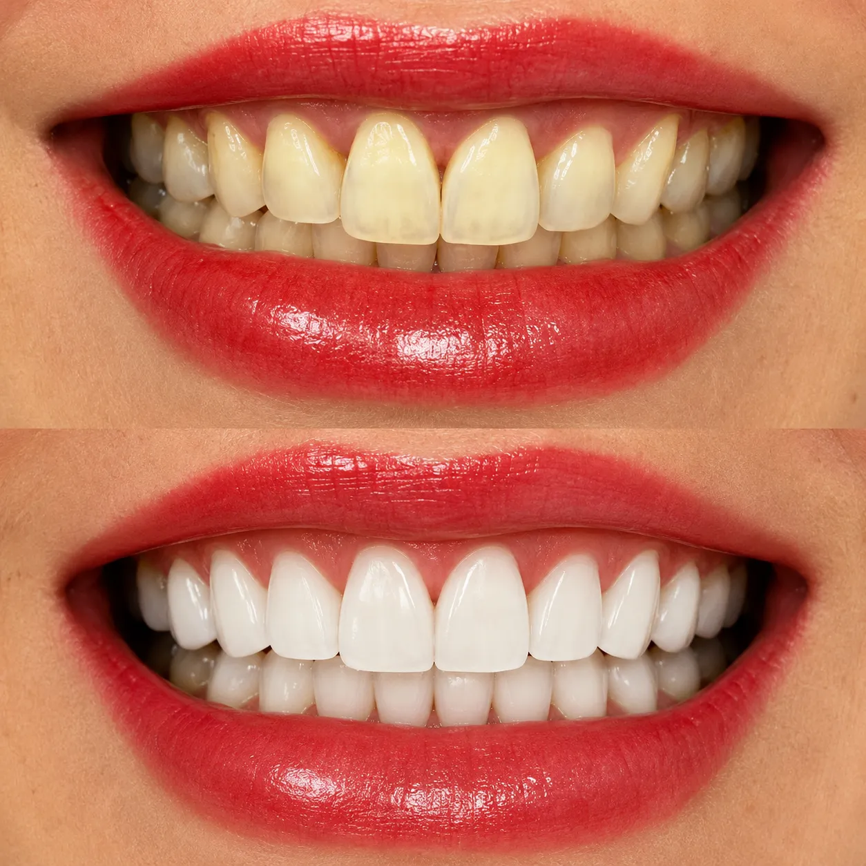 Before and after: stained teeth whitened to a bright, healthy-looking smile